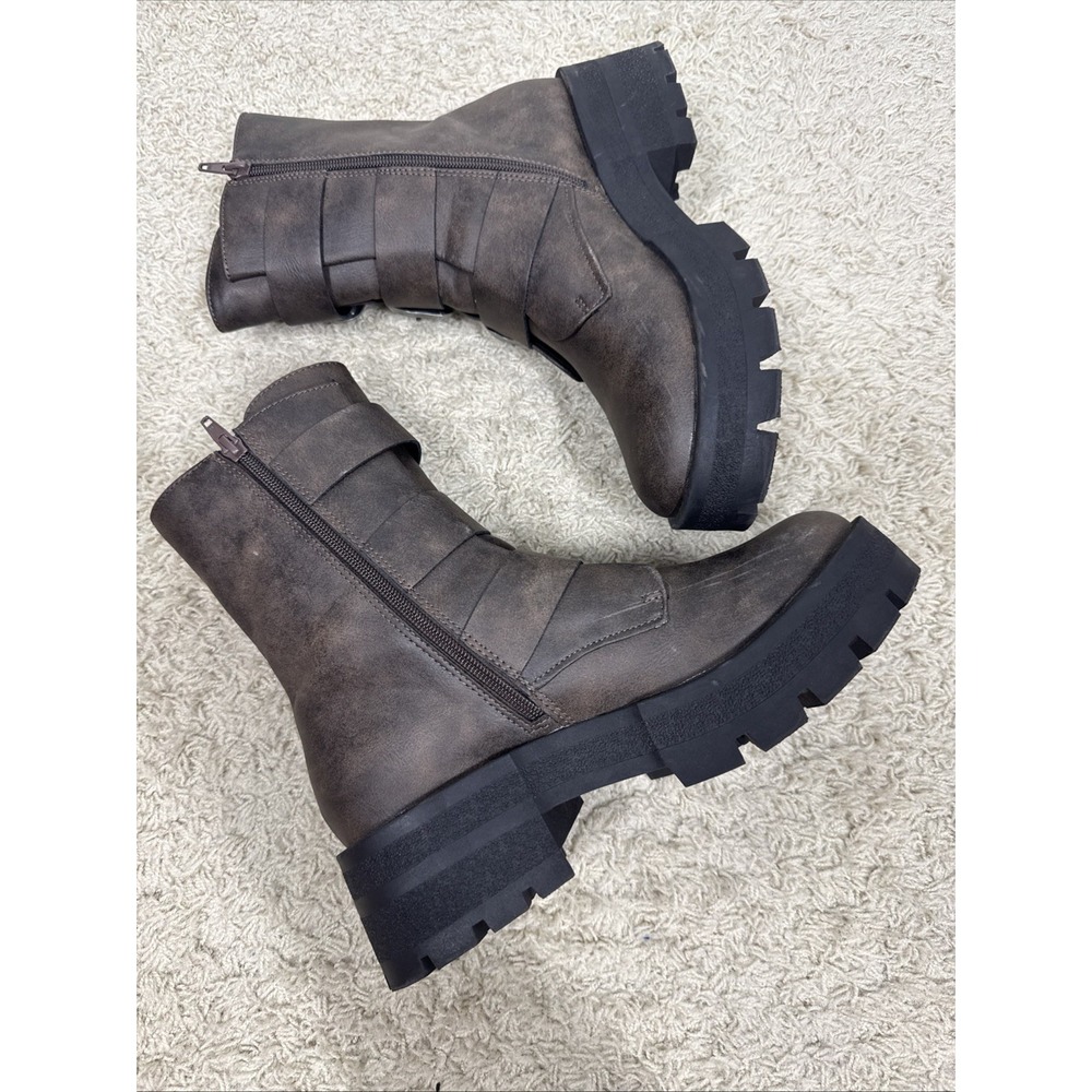 Madden NYC Brown Faux Leather Buckle Up Combat Boots Womens 10M Moto Rock Grunge - Picture 7 of 14